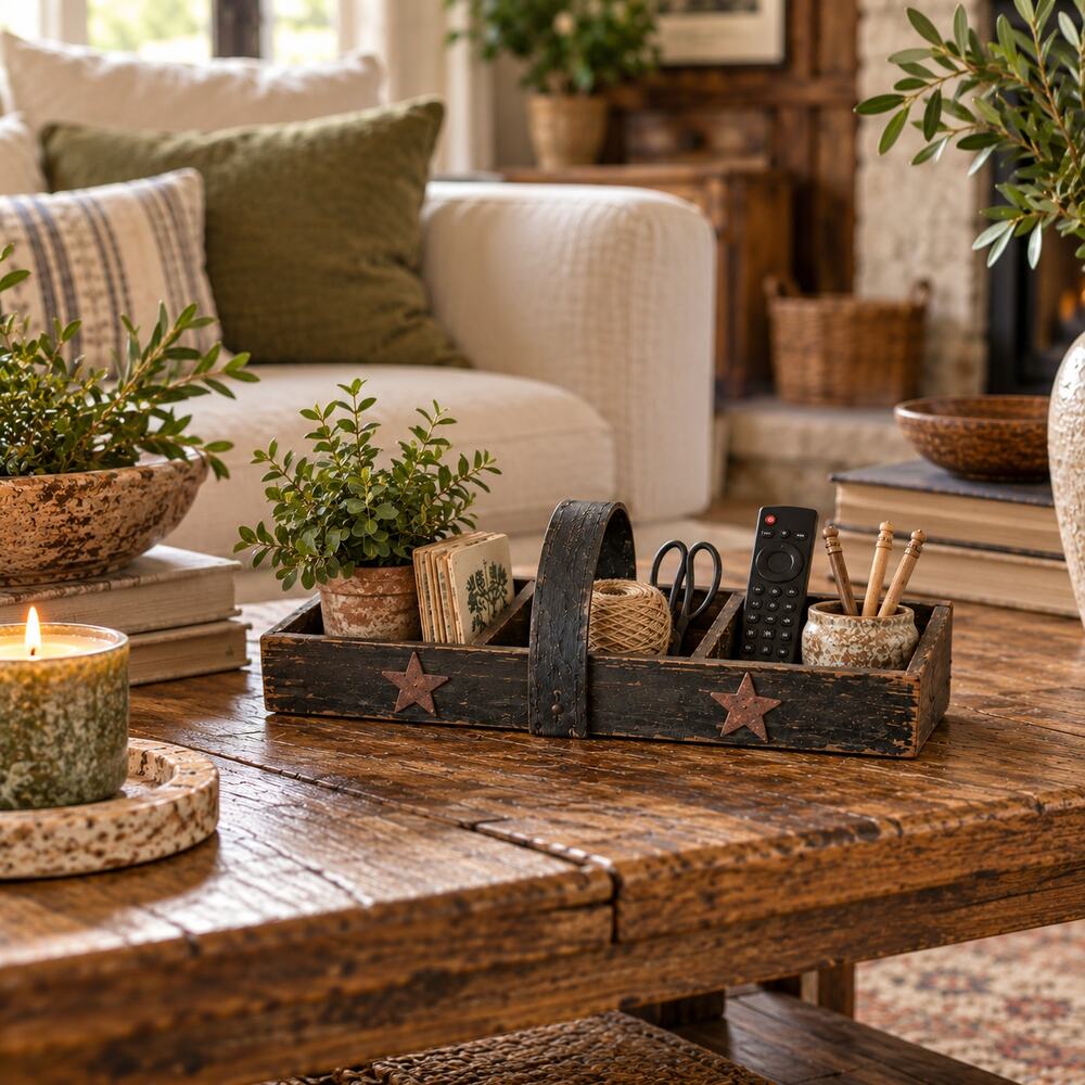 Vintage Wooden Divided Box w leather Strap Rustic Farmhouse Cabin Cottage